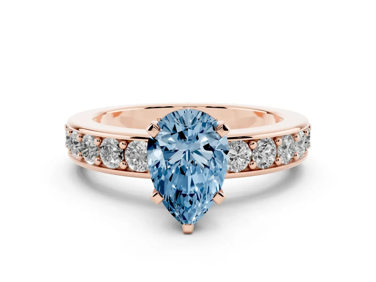 Fancy Blue Pear Cut Diamond Engagement Ring with Channel Set Round Band and Prong Setting Rose gold