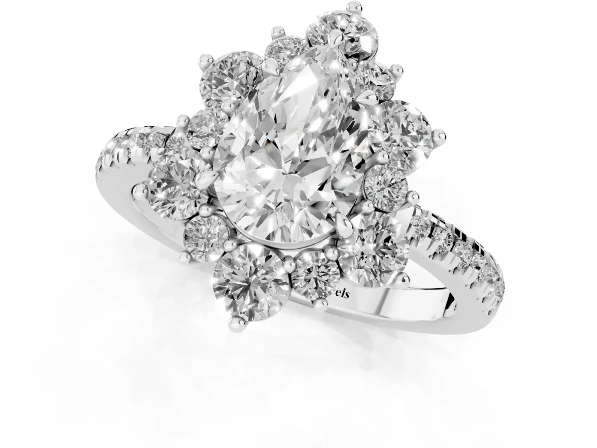 Pear Cut Diamond Floral Halo Ring with Round Pavé Band and Prong Setting Silver