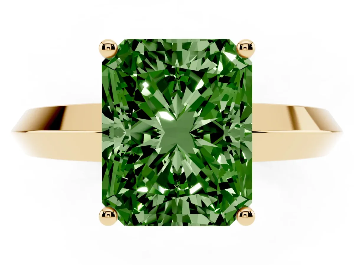 Fancy Green Radiant Cut Cut Solitaire Engagement Ring with Flat Band and Four-Prong Setting Yellow gold