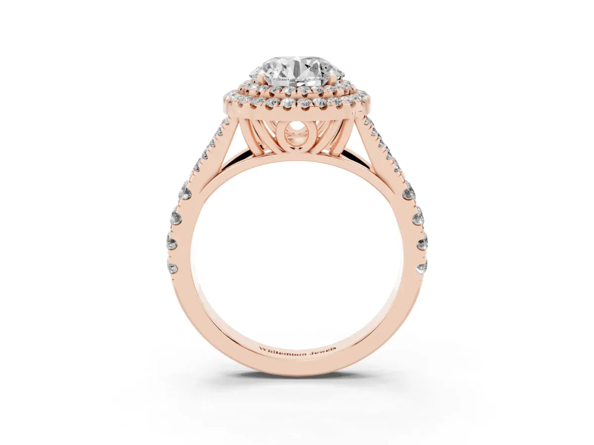 Double Halo Round Cut Diamond Split Shank Engagement Ring with Four-Prong Setting Rose gold