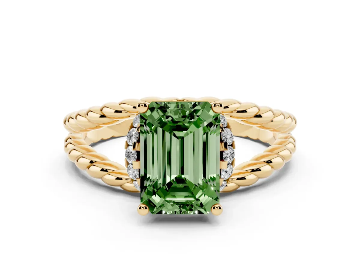 Fancy Green Emerald Cut Halo Twisted Band Four-Prong Ring Yellow gold
