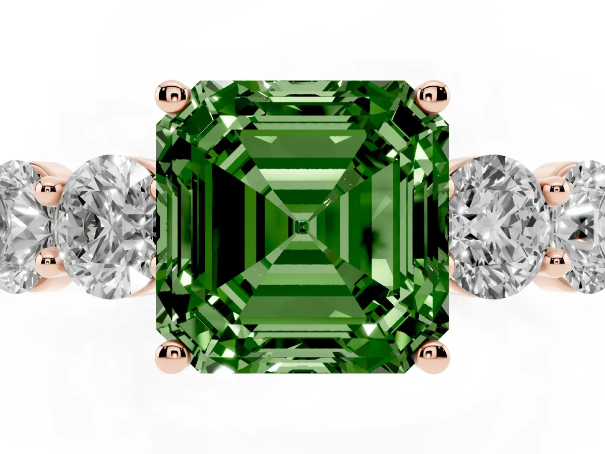 Fancy Green Asscher Cut Cut Five-Stone Prong Set Diamond Ring with Classic Band Rose gold