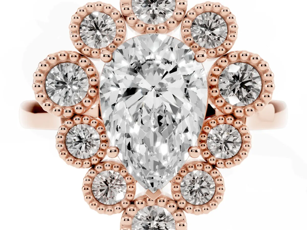 Pear Cut Halo Diamond Cluster Engagement Ring with Milgrain Bezel Setting and Solitaire Band Rose gold