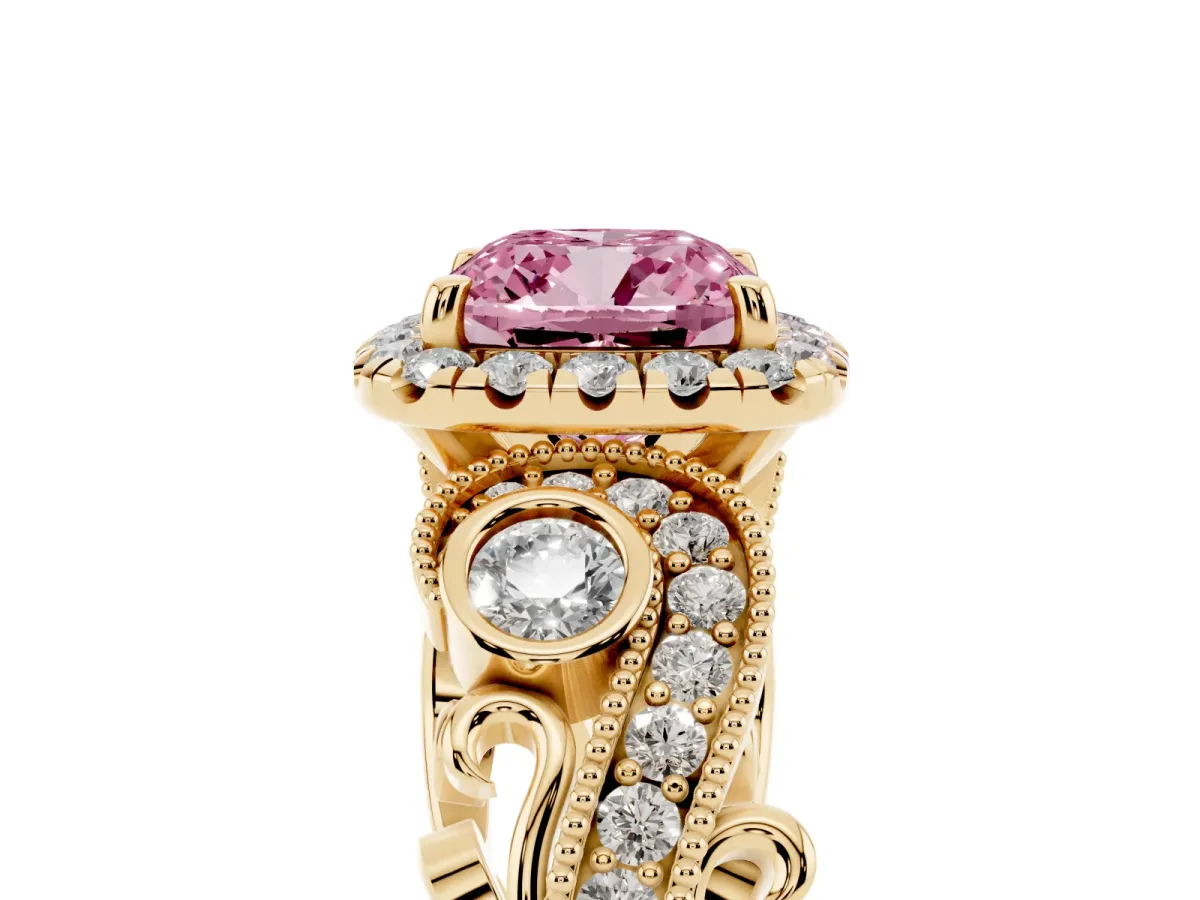 Fancy Pink Cushion Cut Halo Diamond Ring with Milgrain and Bezel Accents on a Split Shank Band Yellow gold