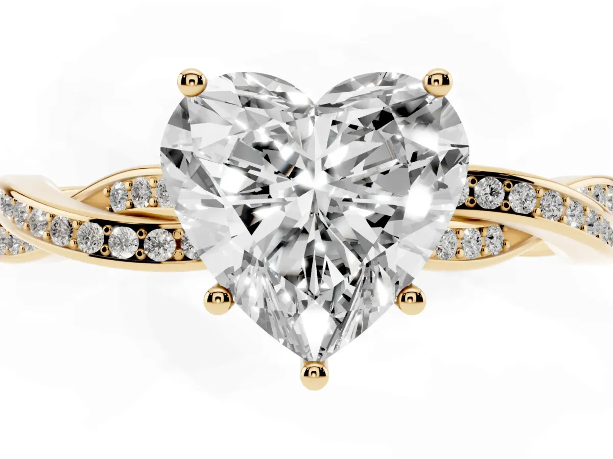 Heart Cut Solitaire Twisted Pave Diamond Ring with Four-Prong Setting Yellow gold