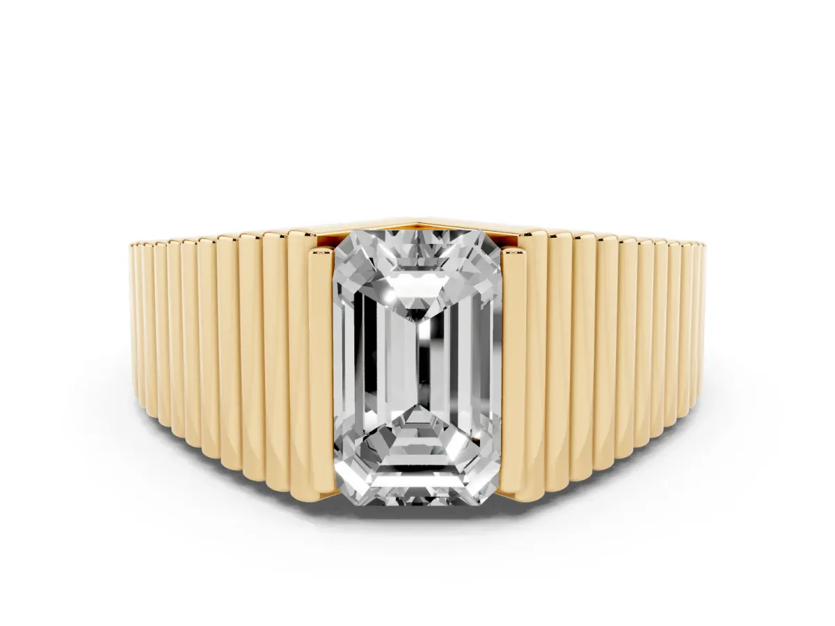 Emerald Cut Diamond Fluted Mens Ring Yellow gold