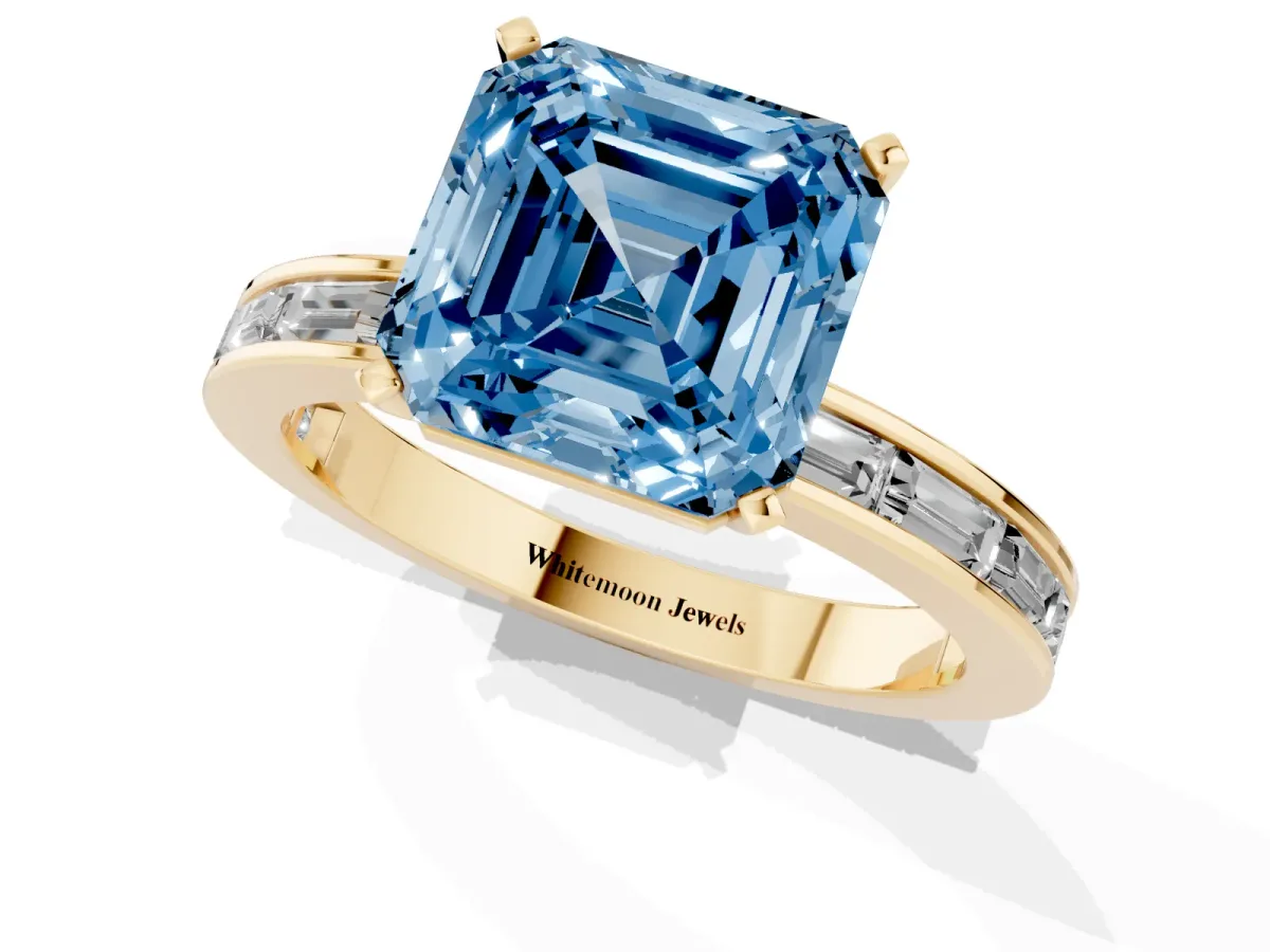 Fancy Blue Asscher Cut Solitaire Diamond Ring with Channel-Set Baguette Band and Four-Prong Setting Yellow gold