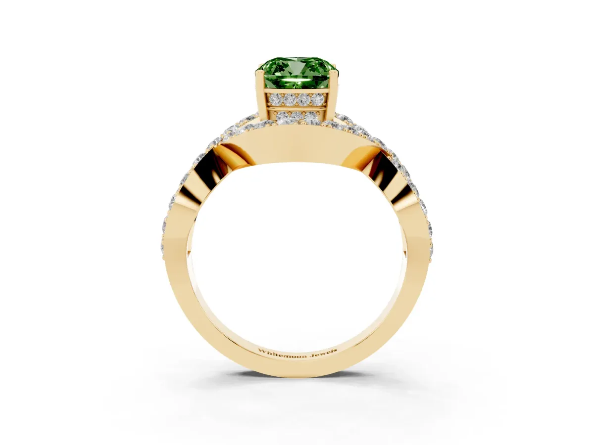 Fancy Green Cushion Cut Solitaire Twist Band Pavé Diamond Engagement Ring Yellow gold