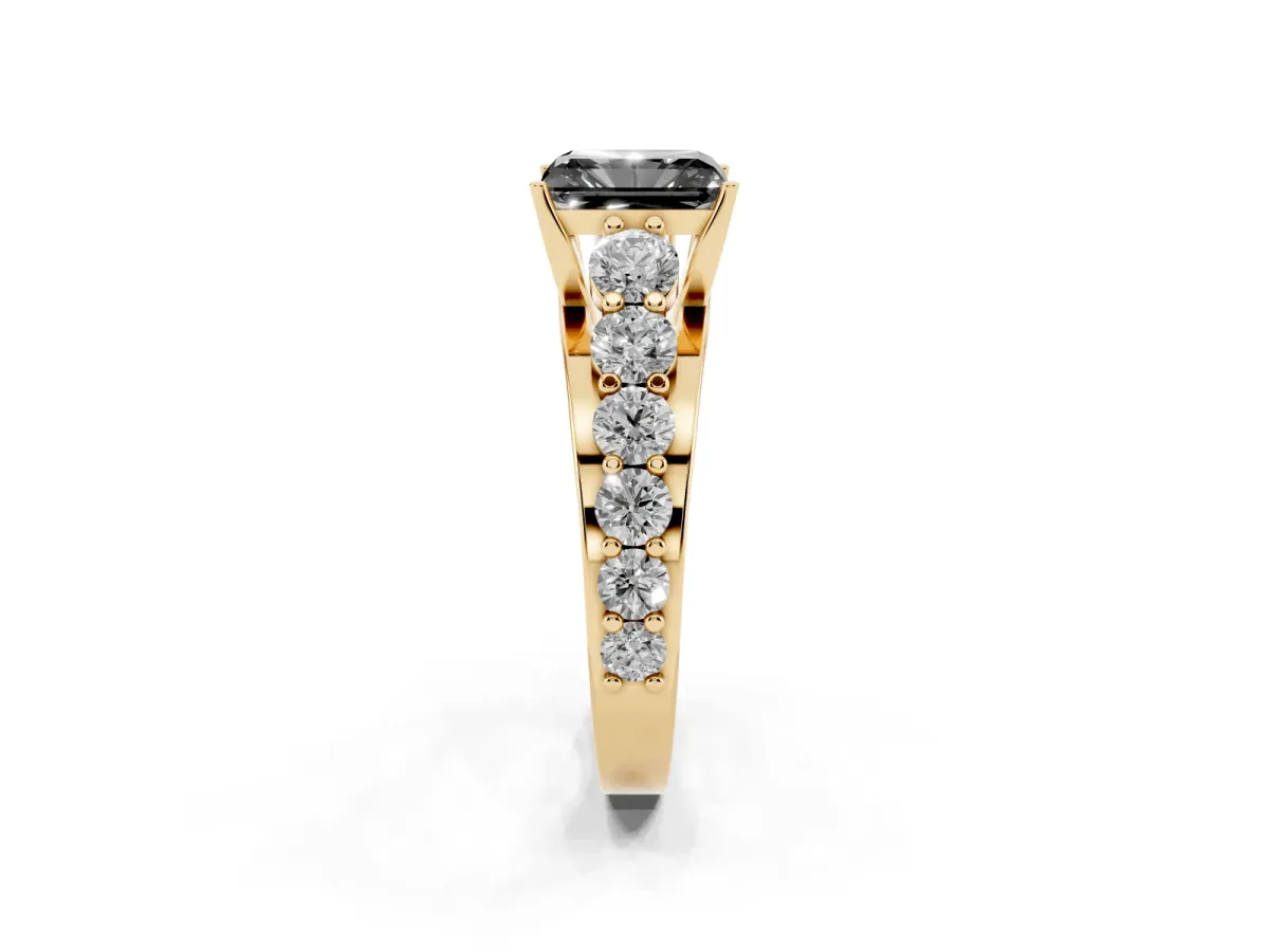 Fancy Black Radiant Cut Diamond Engagement Ring with Pavé Band and Four-Prong Setting Yellow gold