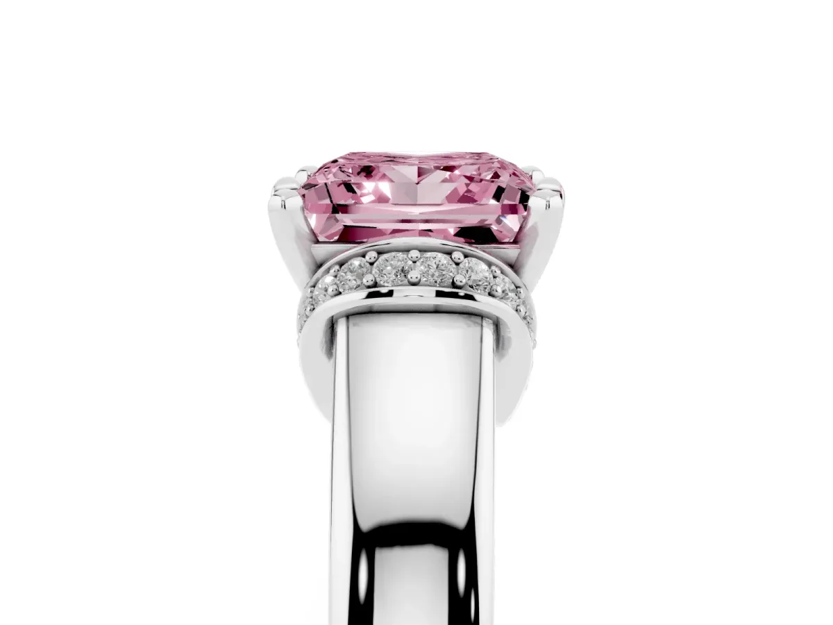 Fancy Pink Princess Cut Solitaire Diamond Ring with Pave Band and Six-Prong Setting White gold