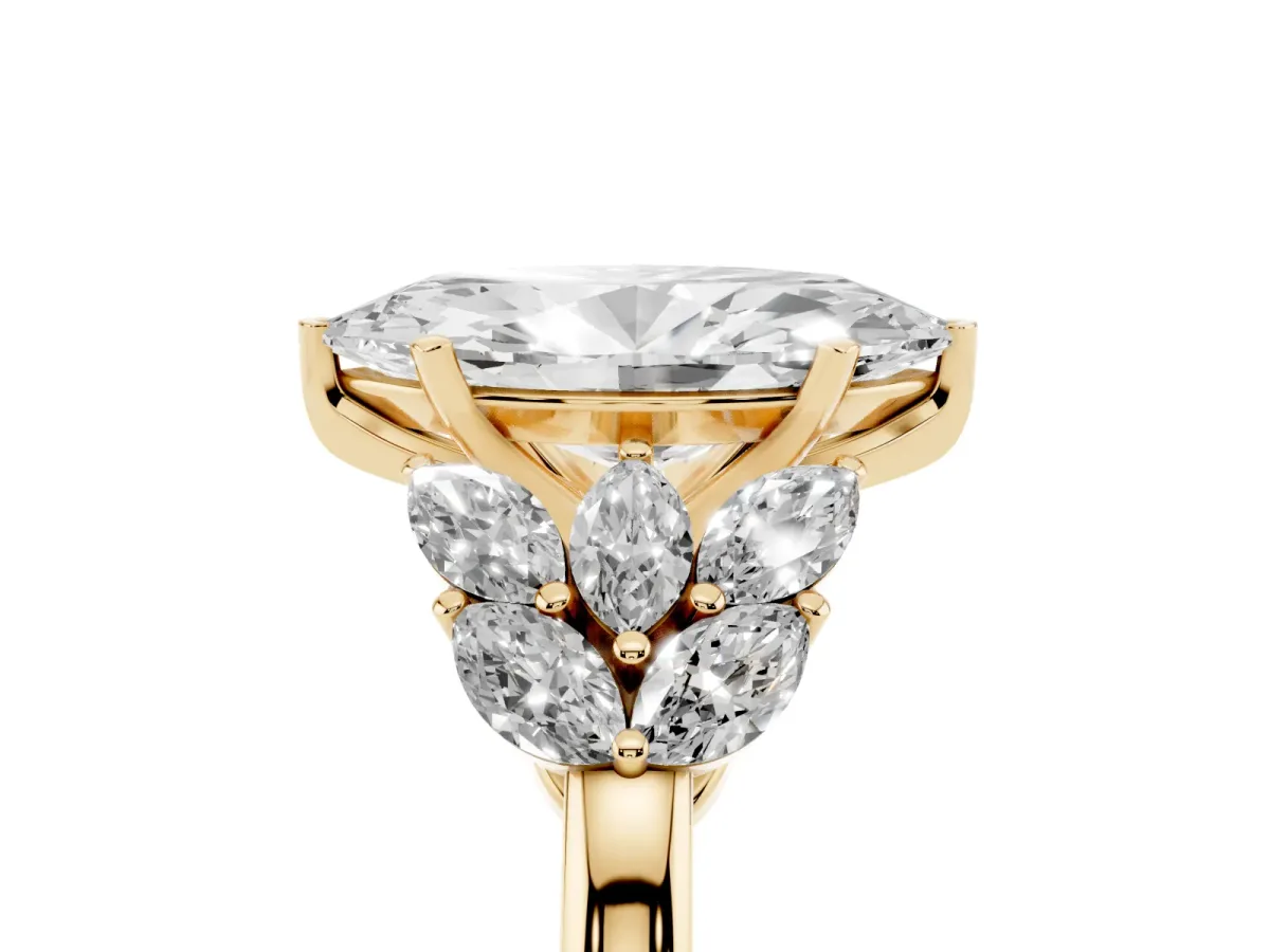 Marquise Cut Diamond Cluster Leaf Design Ring with Prong Setting Yellow gold