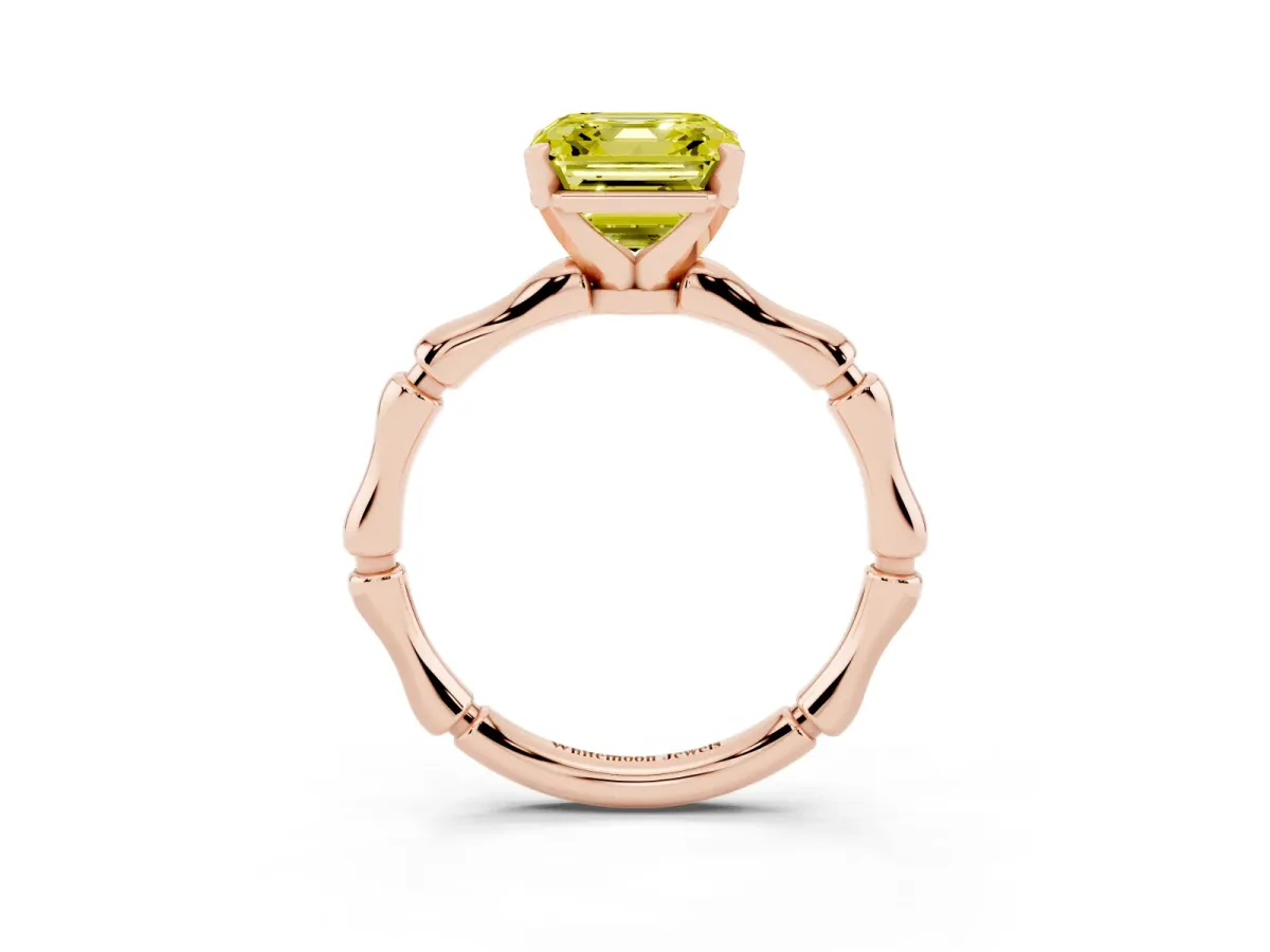 Fancy Yellow Asscher Cut Solitaire Diamond Ring with Bamboo Band and Four-Prong Setting Rose gold