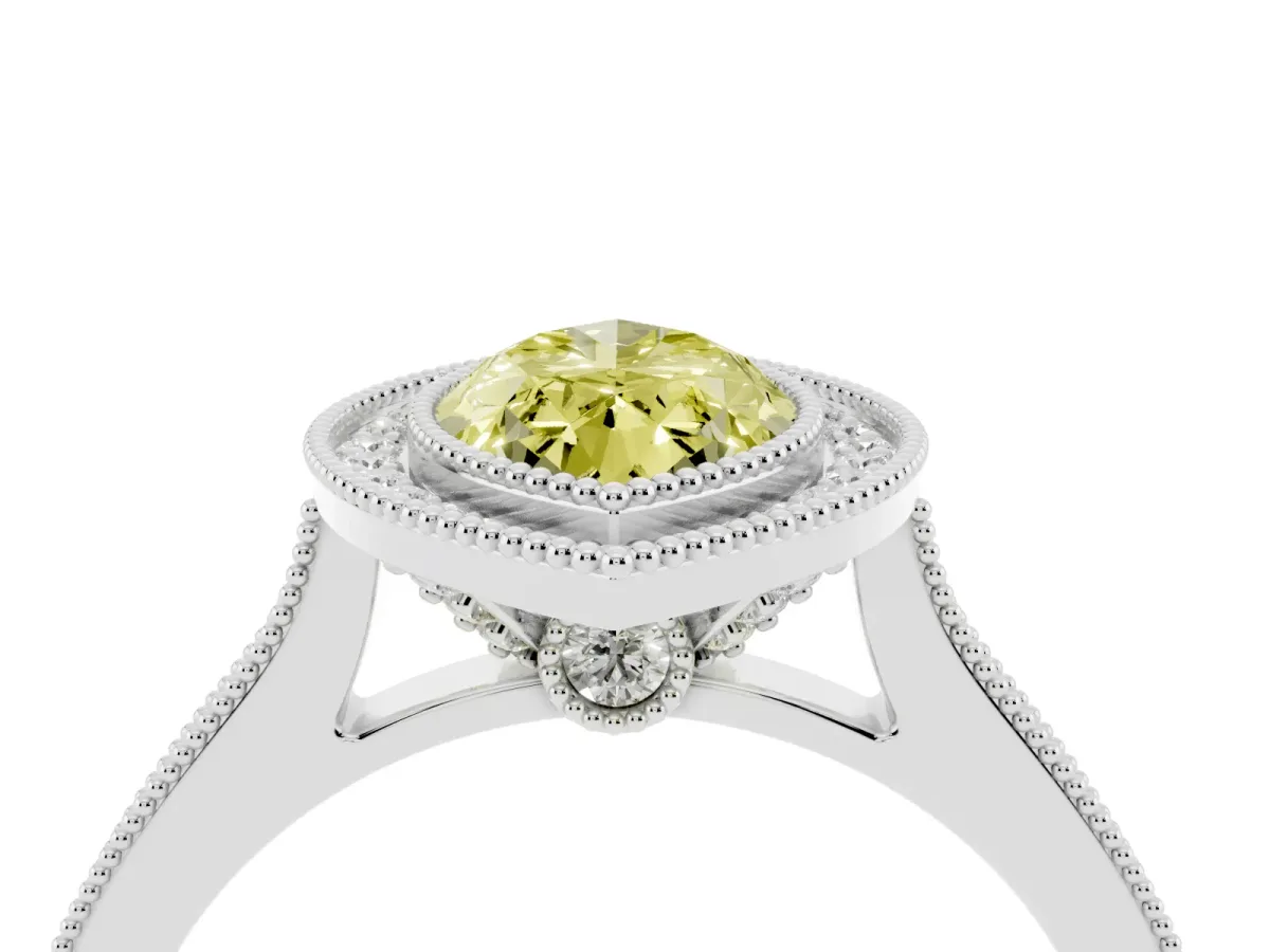 Fancy Yellow Halo Marquise Cut-Cut Diamond Pave Band Milgrain Prong Setting Ring White gold