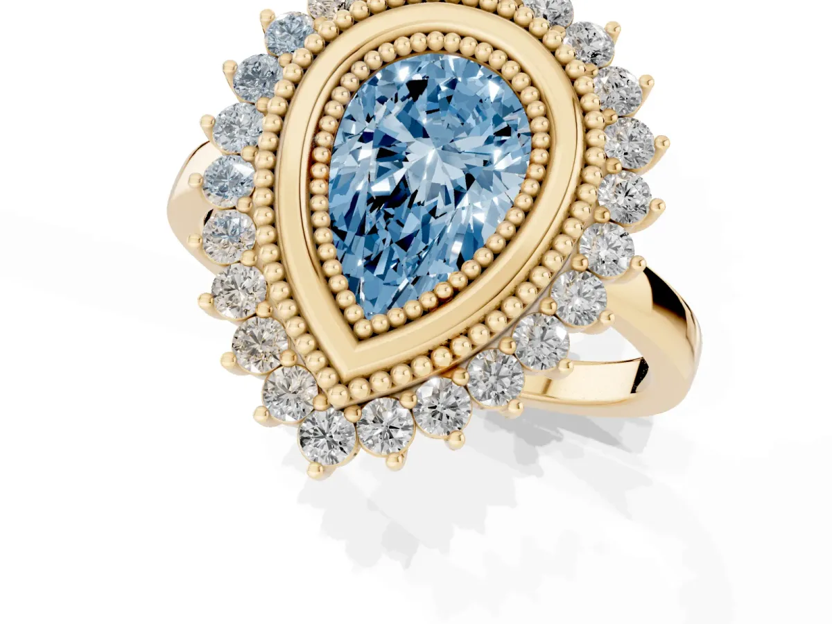 Fancy Blue Pear Cut Halo Diamond Ring with Milgrain Edge and Round Prong Setting Yellow gold