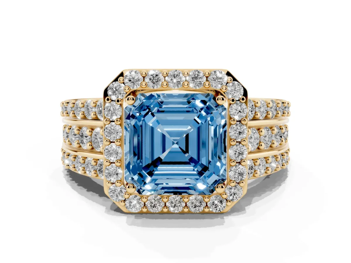 Fancy Blue Asscher Cut Halo Diamond Ring with Round Split Shank and Prong Setting Yellow gold