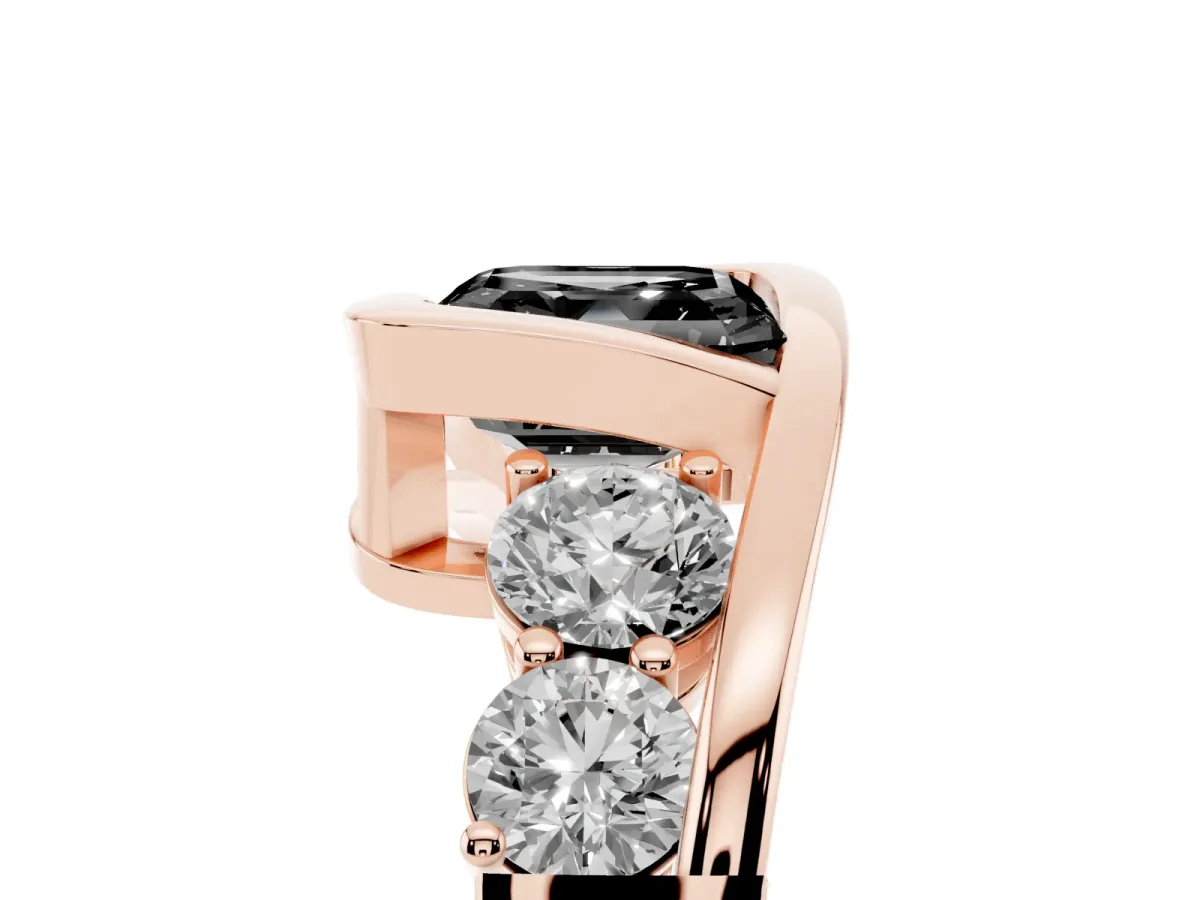 Fancy Black Bezel Set Asscher Cut Diamond Bypass Ring with Round Accents Rose gold