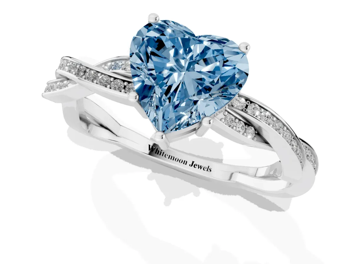 Fancy Blue Heart Cut Solitaire Twisted Pave Diamond Ring with Four-Prong Setting Silver