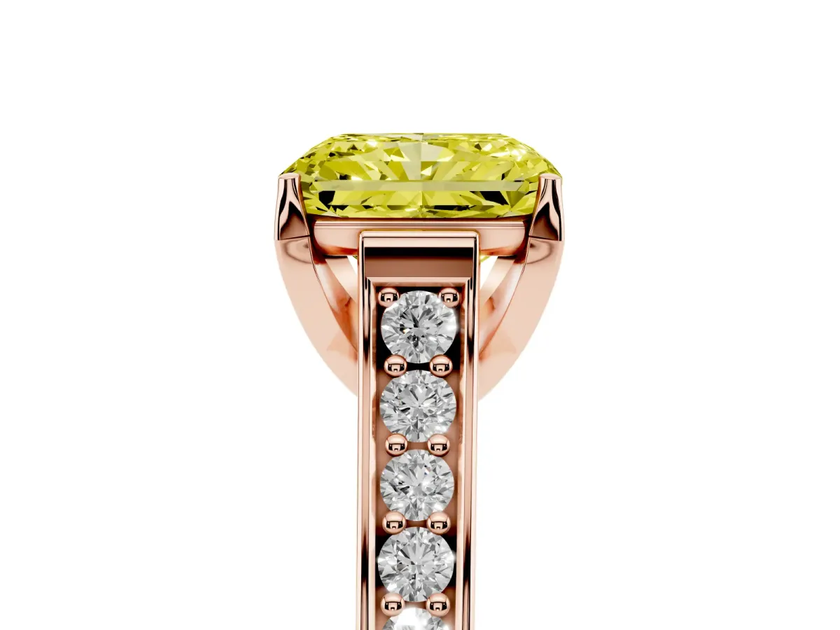 Fancy Yellow Radiant Cut Brilliant Cut Diamond Engagement Ring with Pavé Band and Four-Prong Setting Rose gold