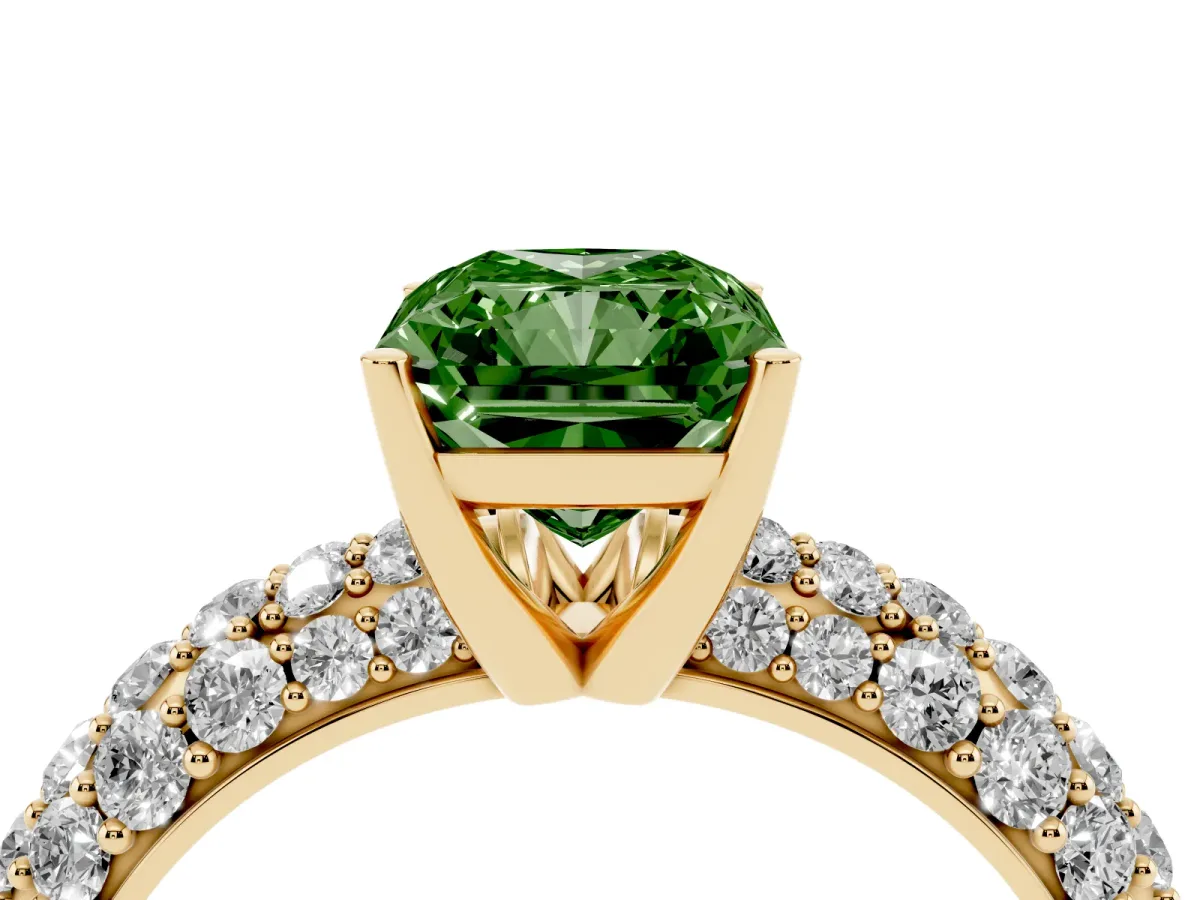 Fancy Green Radiant Cut Diamond Pavé Band Solitaire Ring with Four-Prong Setting Yellow gold