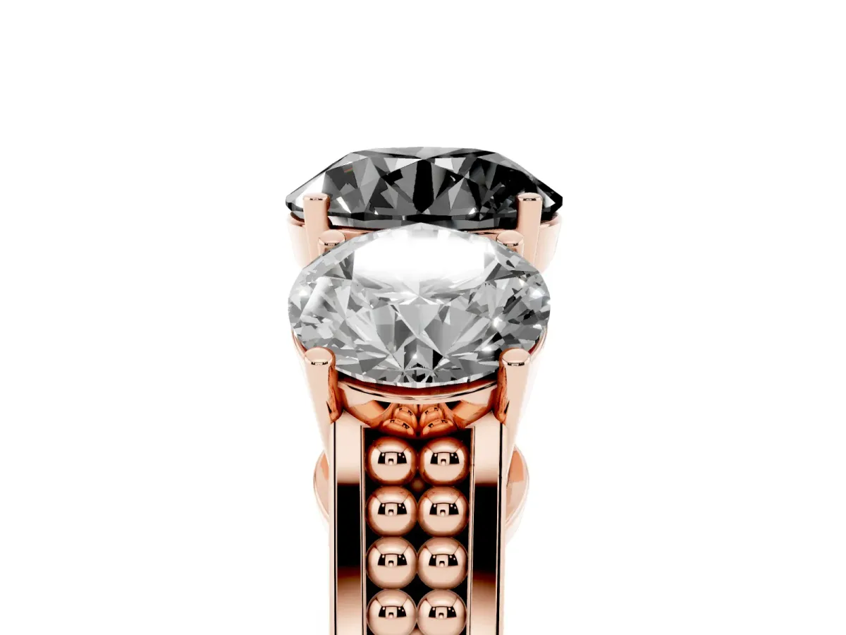 Fancy Black Round Cut Diamond Three-Stone Ring with Prong Setting and Textured Band Rose gold
