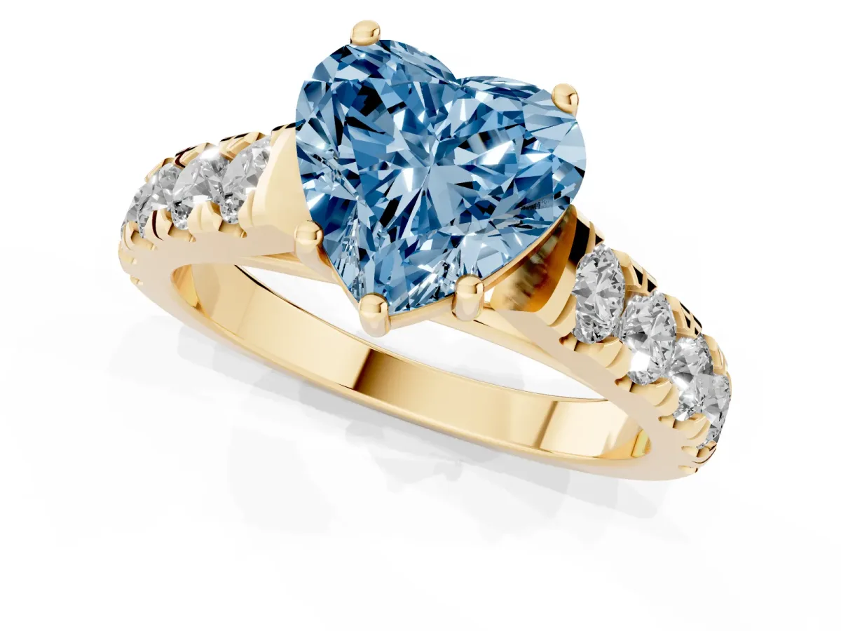 Fancy Blue Heart Cut Cut Diamond Solitaire Ring with Micro Pave Band and Prong Setting Yellow gold