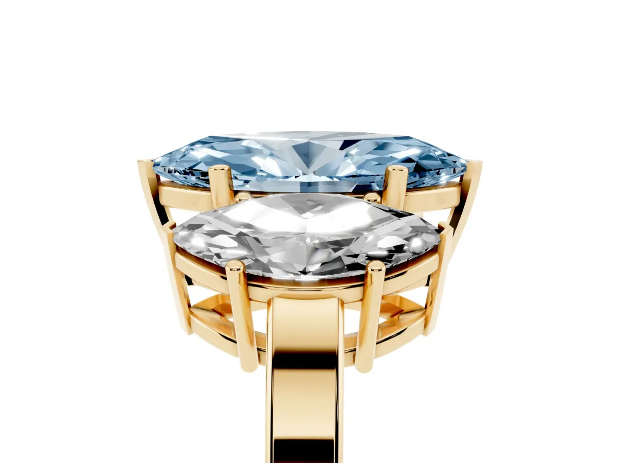 Fancy Blue Three-Stone Marquise Cut Cut Diamond Engagement Ring with Flat Band and Four-Prong Setting Yellow gold