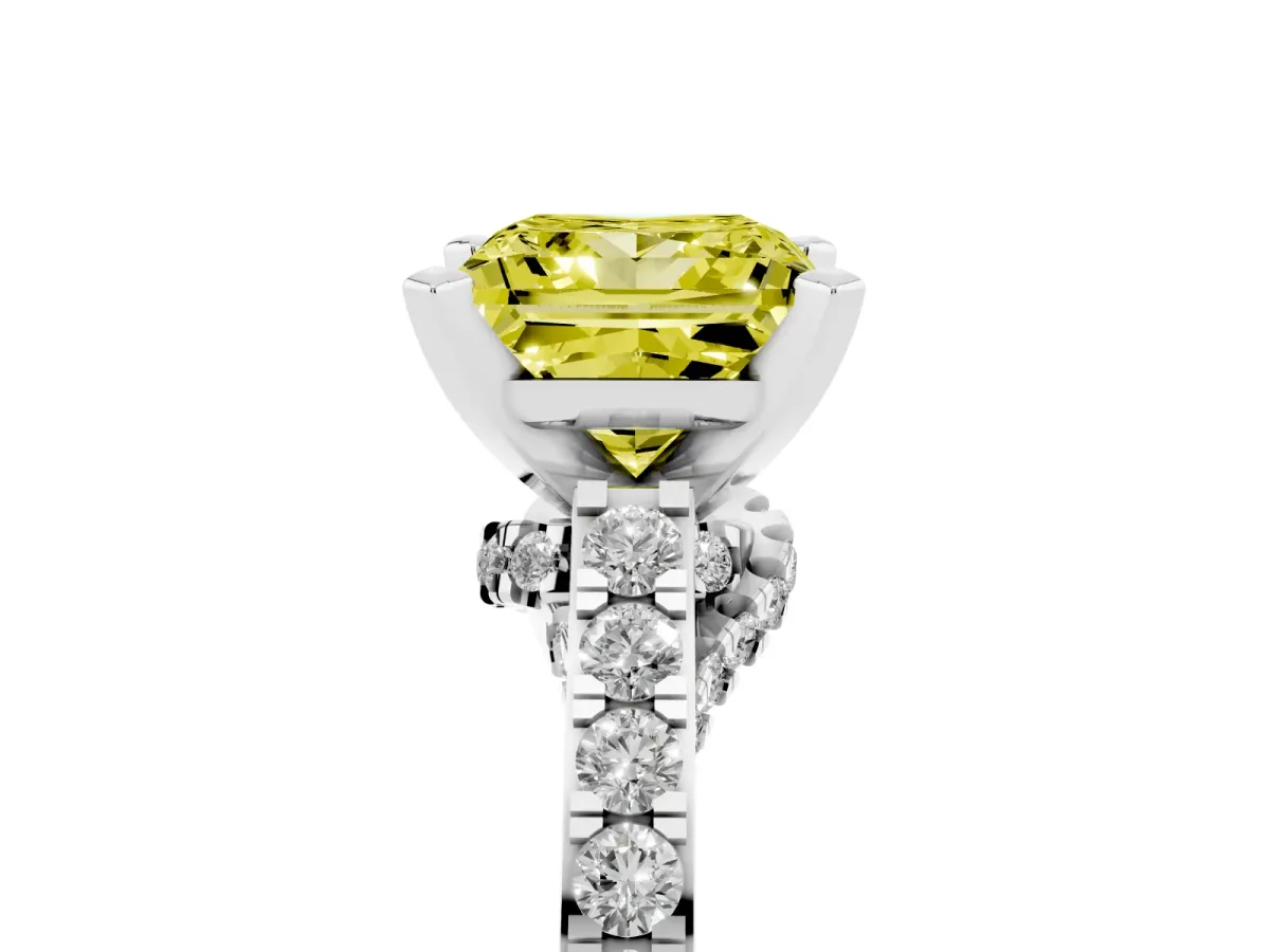 Fancy Yellow Princess Cut Diamond Solitaire Ring with Crossover Gallery and Round Pavé Band Silver