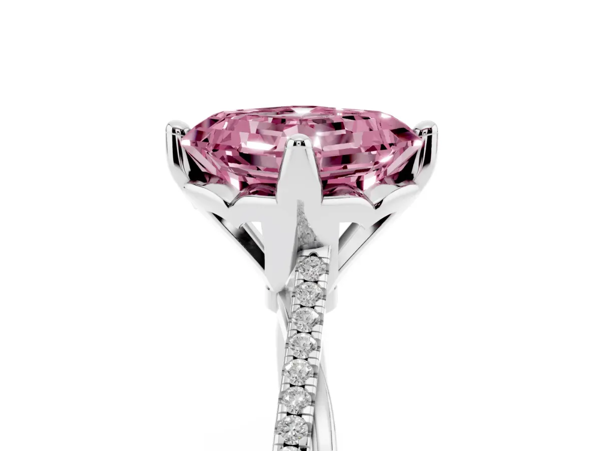 Fancy Pink Asscher Cut Solitaire Twist Band with Pavé Diamonds and Four-Prong Setting White gold