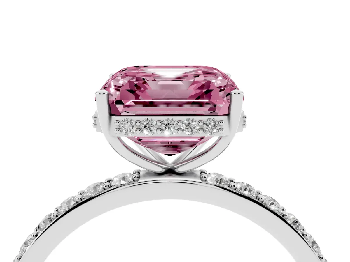 Fancy Pink Asscher Cut Diamond Solitaire Ring with Pavé Band and Hidden Halo Silver