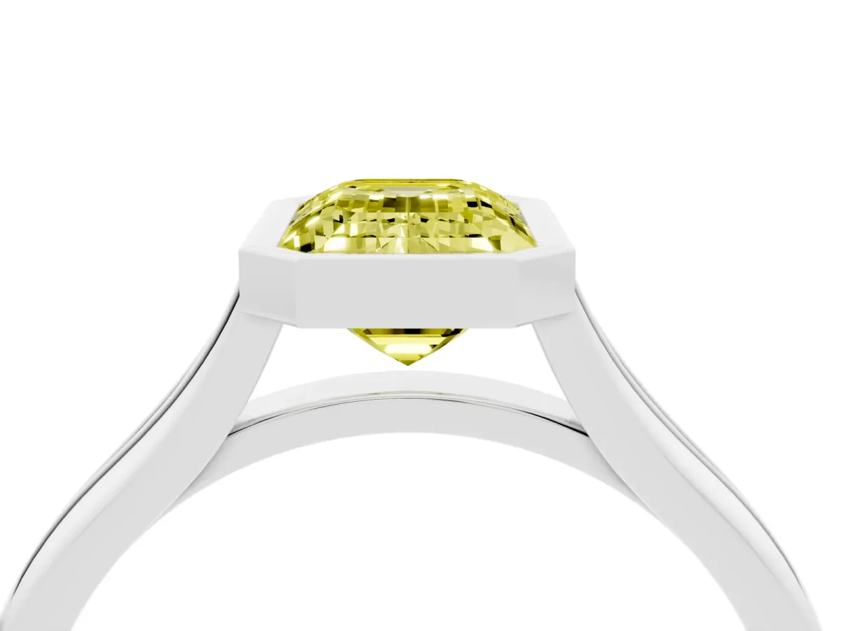 Fancy Yellow Bezel Set Emerald Cut Cut Solitaire Ring with Tapered Band Platinum