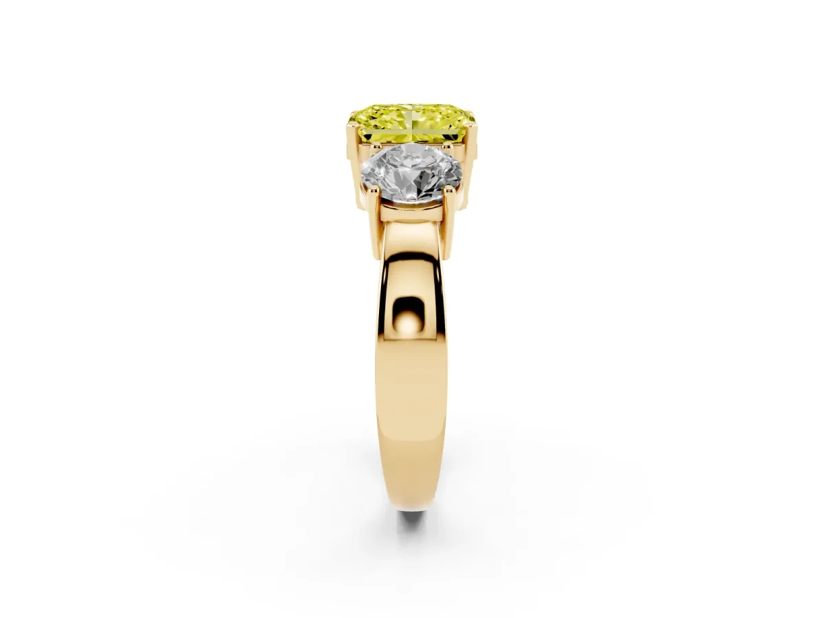 Fancy Yellow Three-Stone Radiant Cut Diamond Ring with Round Side Stones, Classic Band, and Four-Prong Setting Yellow gold
