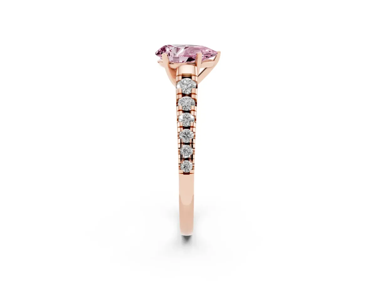 Fancy Pink Pear Cut Diamond Cathedral Solitaire Ring with Round Pavé Band Rose gold