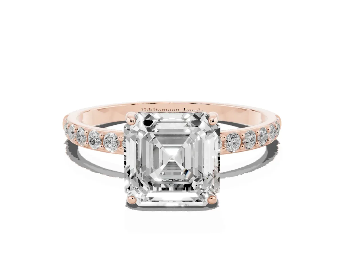 Asscher Cut Diamond Solitaire Ring with Round Pavé Shoulders and Prong Setting Rose gold
