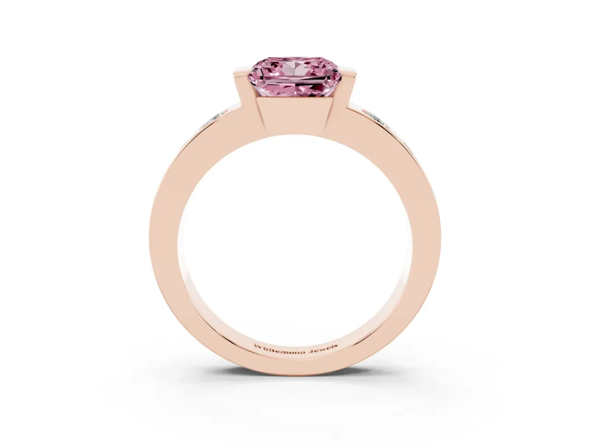 Fancy Pink Princess Cut Brilliant Channel-Set Diamond Ring with Bezel Prong Setting Rose gold