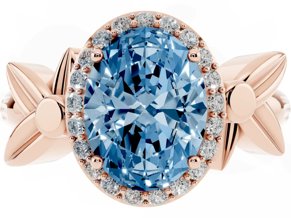 Fancy Blue Oval Cut Halo Diamond Floral Band with Four-Prong Setting Rose gold