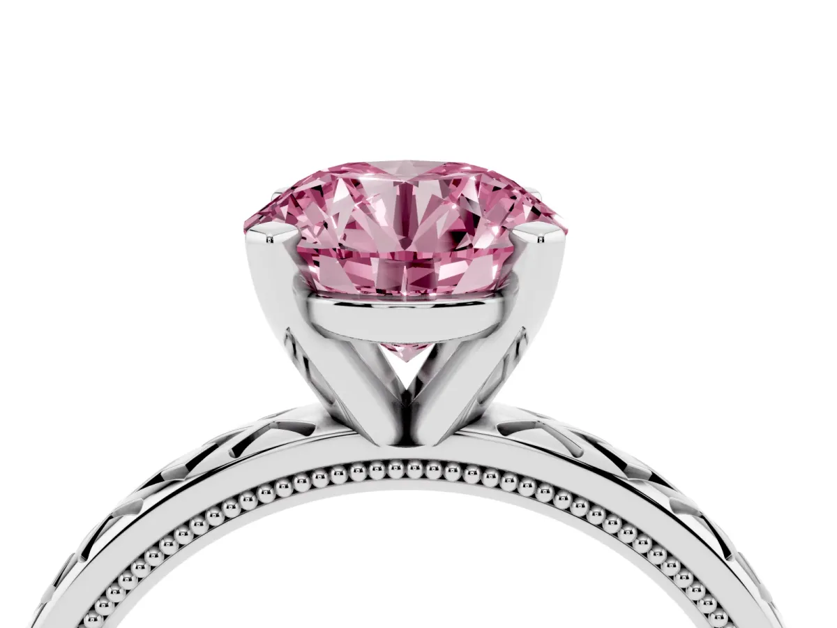 Fancy Pink Round Cut Solitaire Diamond Ring with Milgrain and Black Enamel X Pattern Band Silver