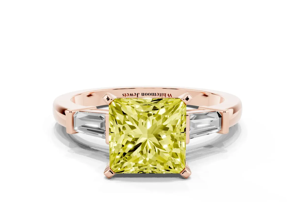Fancy Yellow Princess Cut Cut Diamond Solitaire Ring with Tapered Baguette Accents and Four-Prong Setting Rose gold