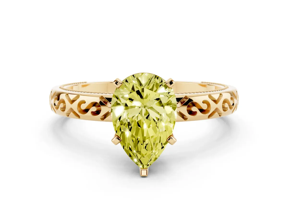 Fancy Yellow Pear Cut Solitaire Engagement Ring with Scrollwork Band and Four-Prong Setting Yellow gold