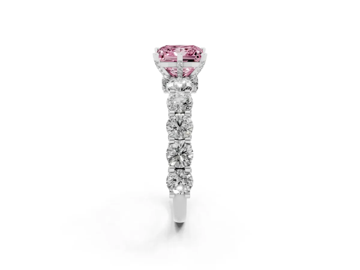 Fancy Pink Princess Cut Diamond Side Stone Engagement Ring with Four-Prong Setting Platinum
