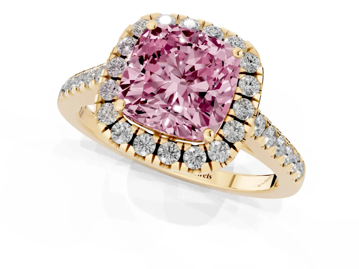Fancy Pink Cushion Cut Halo Pavé Diamond Engagement Ring with Four-Prong Setting Yellow gold