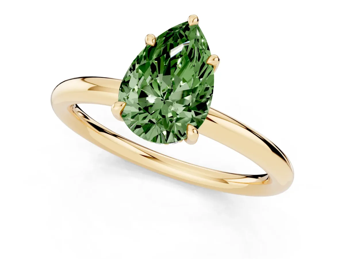 Fancy Green Pear Cut Diamond Solitaire Ring with Thin Band and Four-Prong Setting Yellow gold