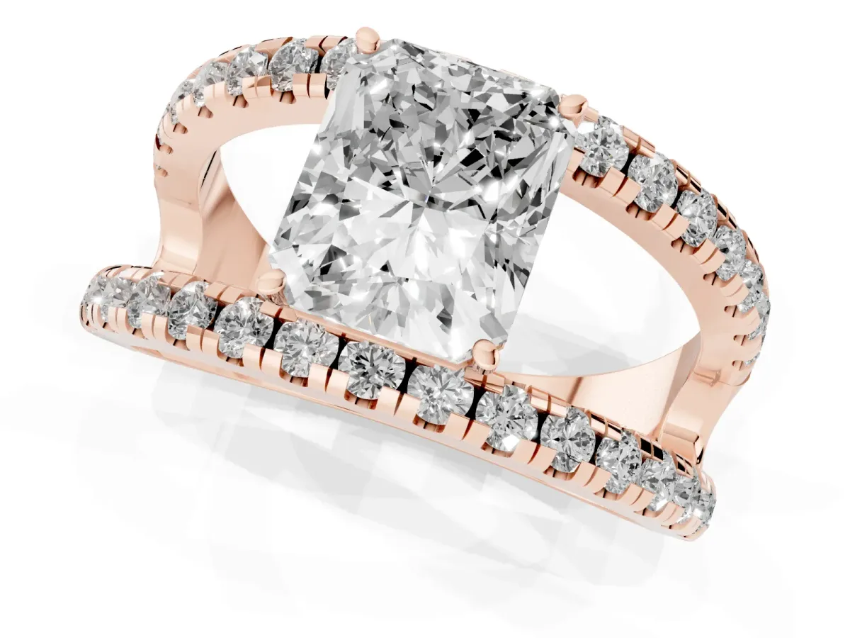 Radiant Cut Solitaire Split Shank Pave Diamond Ring Rose gold