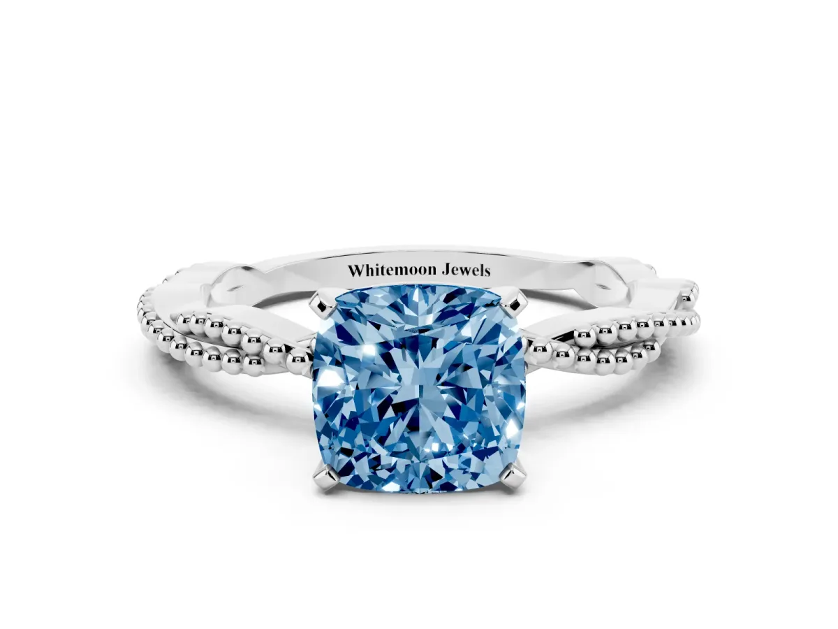 Fancy Blue Cushion Cut Solitaire Twisted Band with Bead Prong Setting Silver