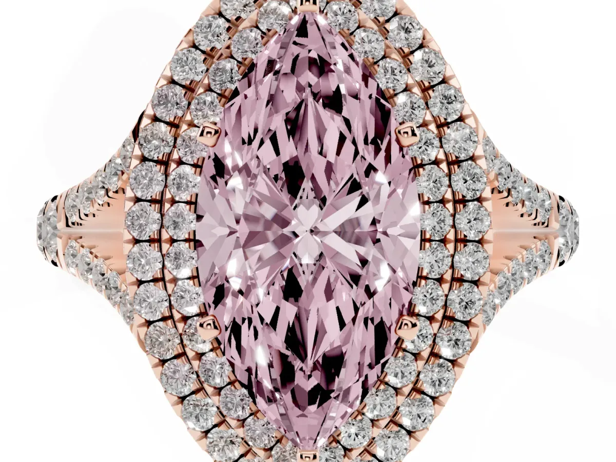 Fancy Pink Double Halo Marquise Cut Diamond Split Shank Engagement Ring with Four-Prong Setting Rose gold