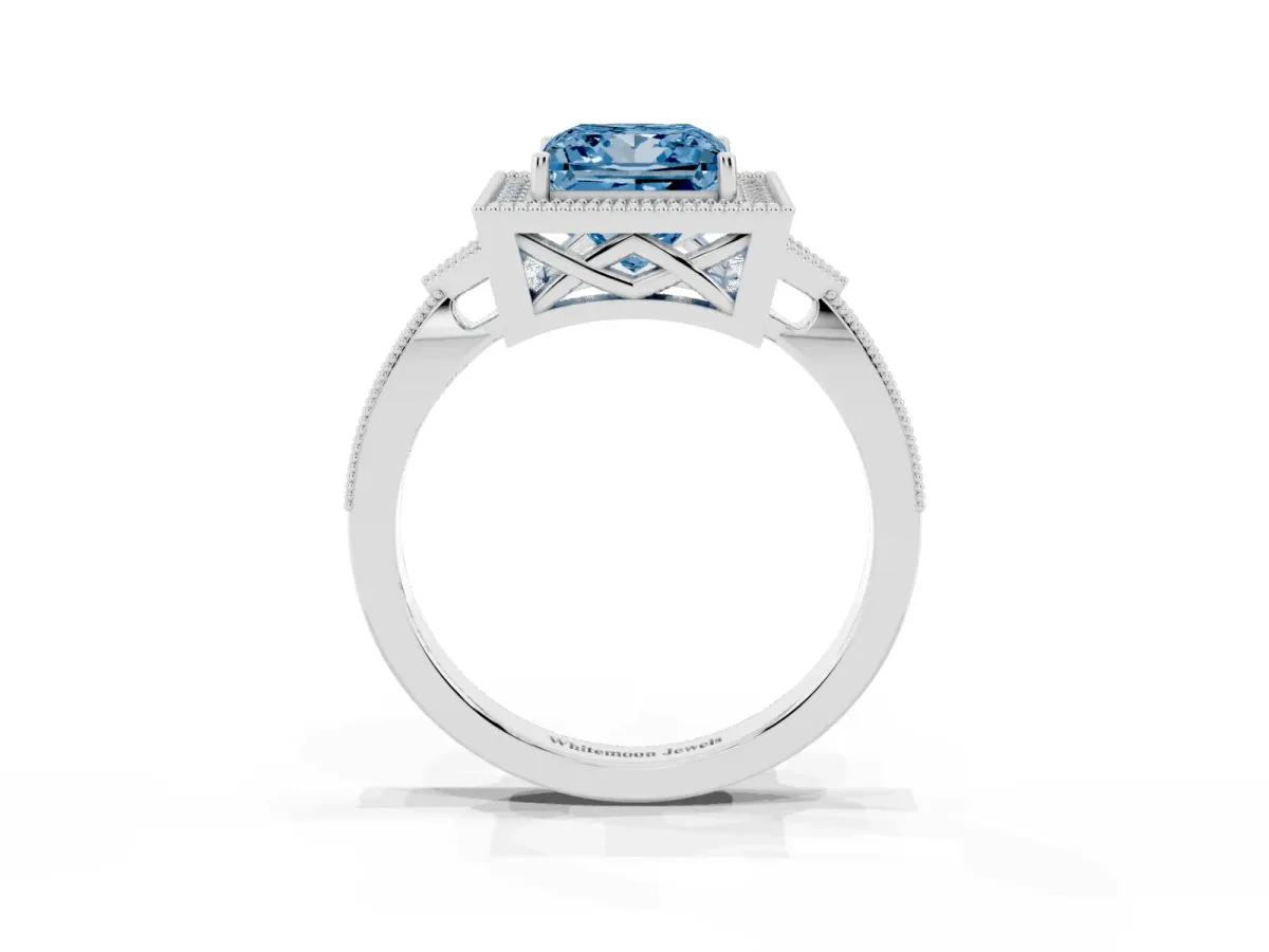 Fancy Blue Princess Cut Halo Round Diamond Milgrain Pave Engagement Ring Platinum