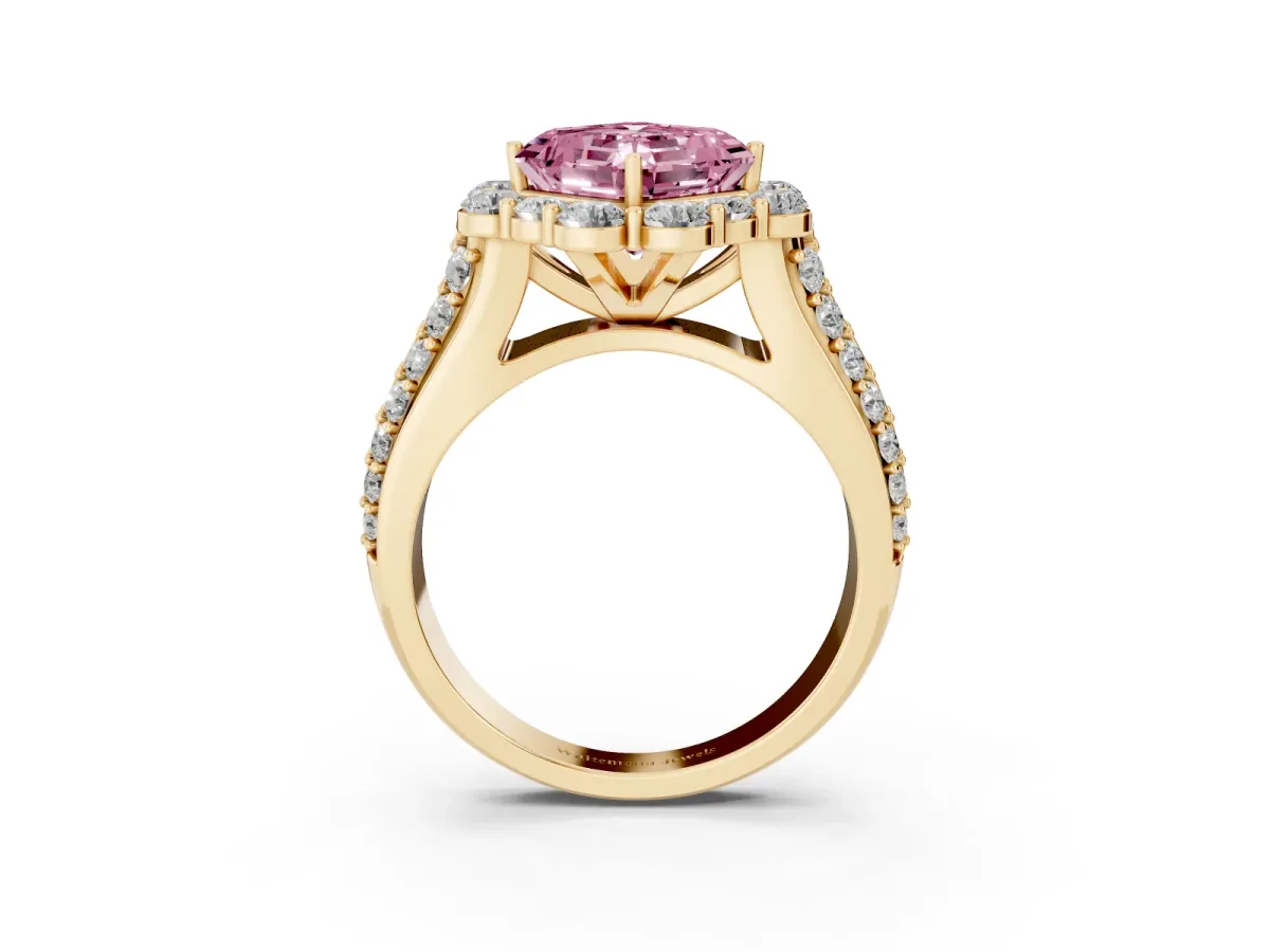 Fancy Pink Asscher Cut Halo Diamond Engagement Ring with Split Shank and Prong Setting Yellow gold