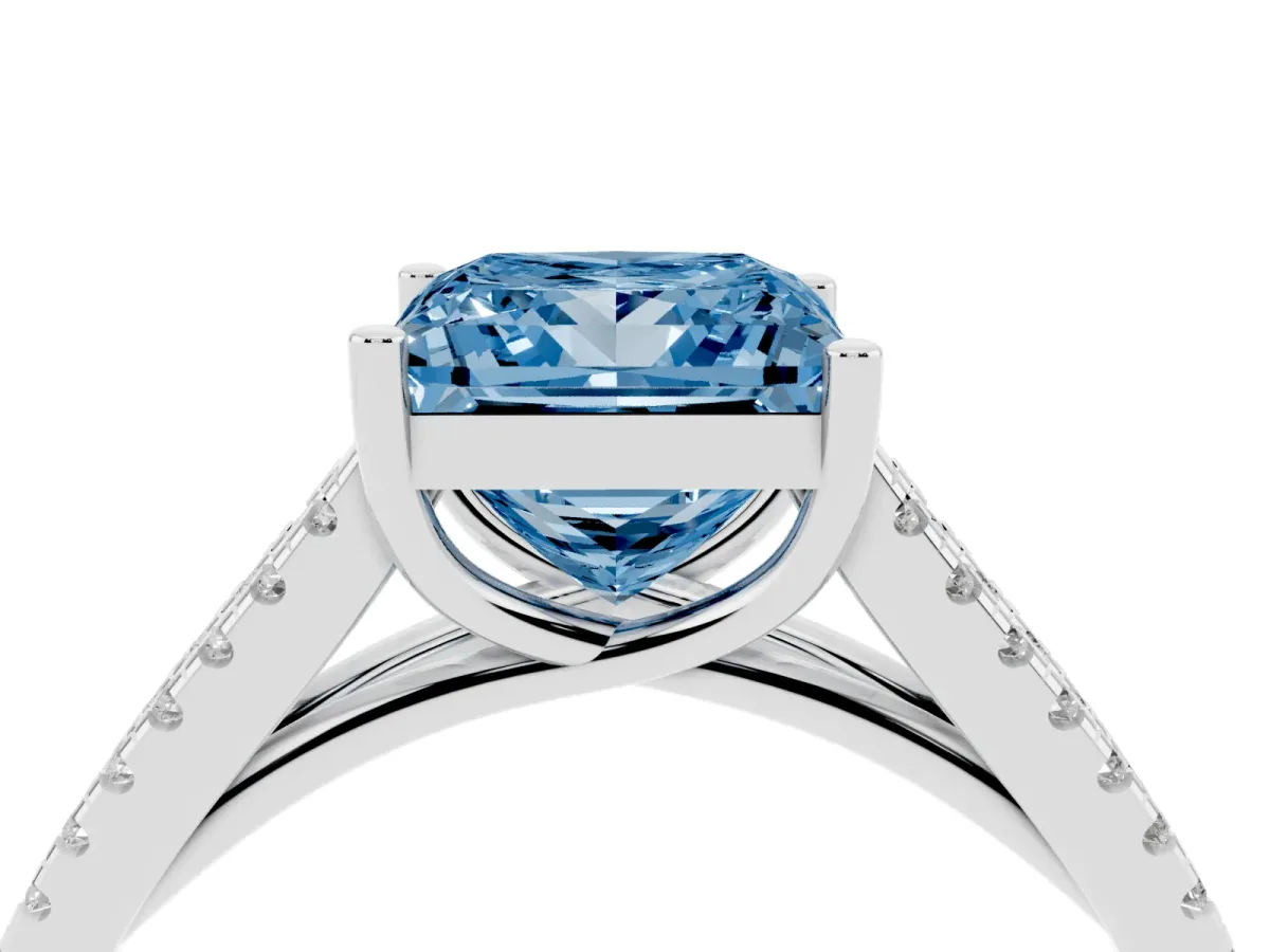 Fancy Blue Princess Cut Diamond Solitaire Engagement Ring with Split Shank Pavé Band Platinum