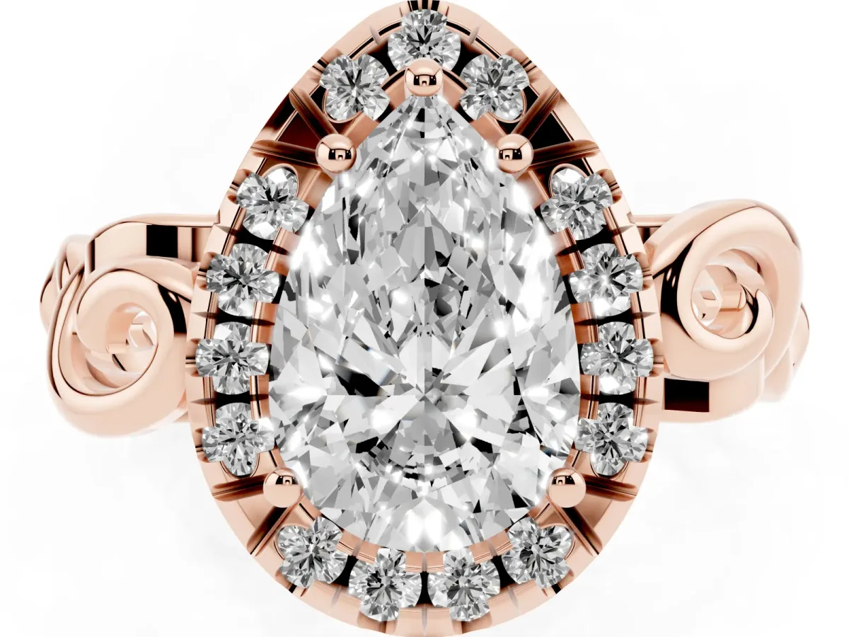 Pear Cut Cut Halo Diamond Ring with Scrollwork Band and Four-Prong Setting Rose gold