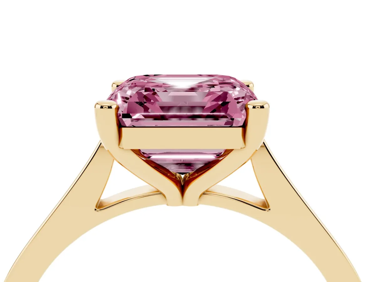 Fancy Pink Asscher Cut Solitaire Diamond Ring with Four-Prong Setting and Tapered Band Yellow gold