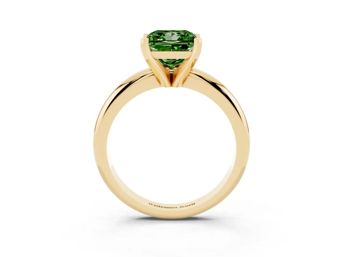 Fancy Green Princess Cut Diamond Solitaire Engagement Ring with Round Band and Four-Prong Setting Yellow gold